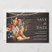 Westerne Cowgirl Bloemen Laarzen Hout Wedding Save The Date (Voorkant)