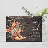 Westerne Cowgirl Bloemen Laarzen Hout Wedding Save The Date (Staand voorkant)