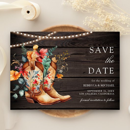 Westerne Cowgirl Bloemen Laarzen Hout Wedding Save The Date
