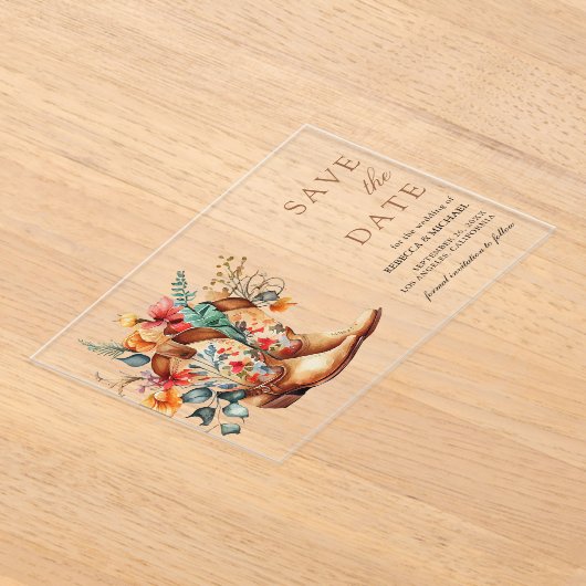Westerne Cowgirl Bloemen Laarzen Trouwen Save the  Acryl Uitnodigingen (Laagn)