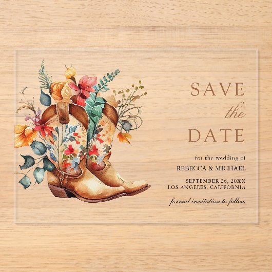Westerne Cowgirl Bloemen Laarzen Trouwen Save the  Acryl Uitnodigingen (Voorkant)