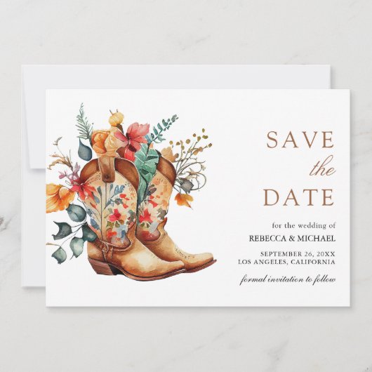 Westerne Cowgirl Bloemen Laarzen Trouwen Save The Date (Voorkant)
