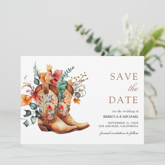 Westerne Cowgirl Bloemen Laarzen Trouwen Save The Date (Staand voorkant)