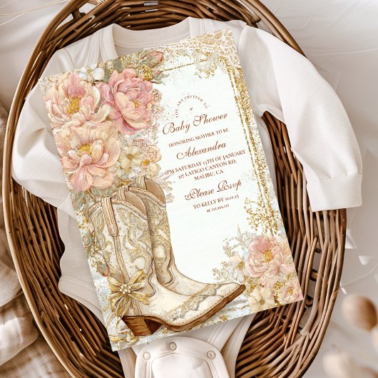 Westerne Cowgirl Boots Floral Baby shower Folie Uitnodiging