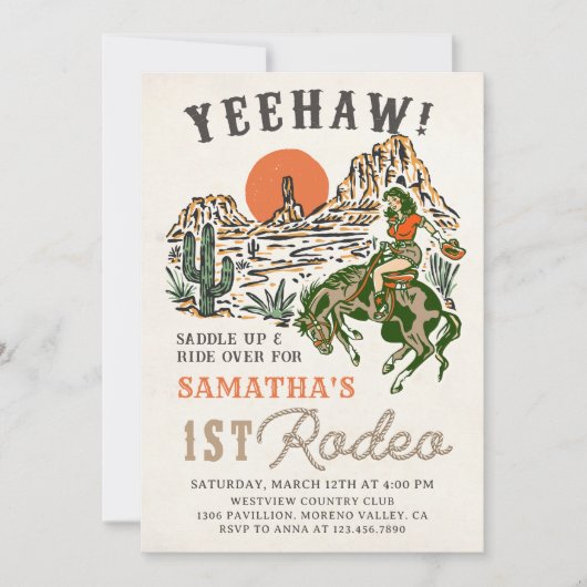 Westerne Cowgirl Eerste Rodeo 1e Verjaardag Kaart (Voorkant)