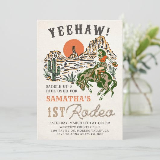 Westerne Cowgirl Eerste Rodeo 1e Verjaardag Kaart (Staand voorkant)