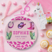 Westerne Cowgirl Eerste Rodeo Roze Meisjes Verjaar Papieren Bordje (Feest)