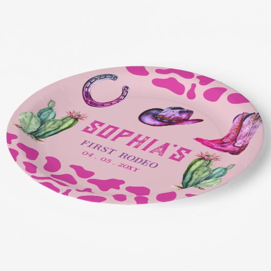 Westerne Cowgirl Eerste Rodeo Roze Meisjes Verjaar Papieren Bordje (Gekanteld)