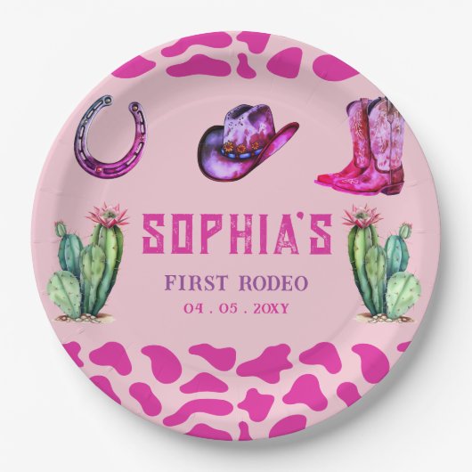 Westerne Cowgirl Eerste Rodeo Roze Meisjes Verjaar Papieren Bordje (Voorkant)