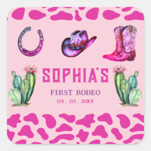 Westerne Cowgirl Eerste Rodeo Roze Meisjes Verjaar Vierkante Sticker