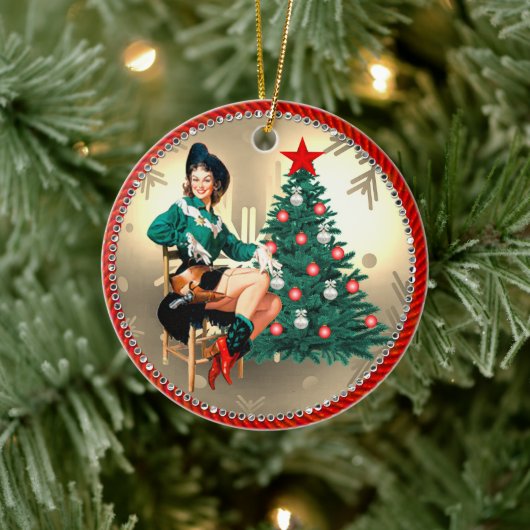  Westerne cowgirl en kerstboom Keramisch Ornament (Boom)