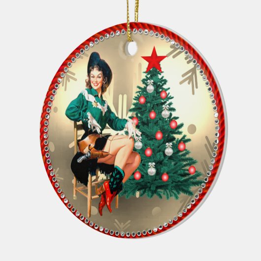  Westerne cowgirl en kerstboom Keramisch Ornament (Links)