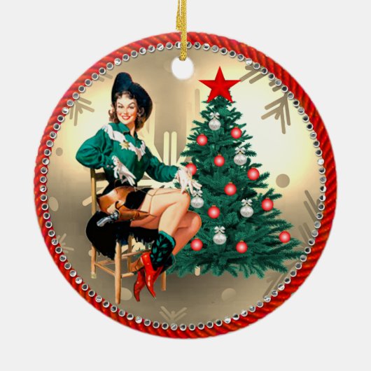  Westerne cowgirl en kerstboom Keramisch Ornament (Achterkant)