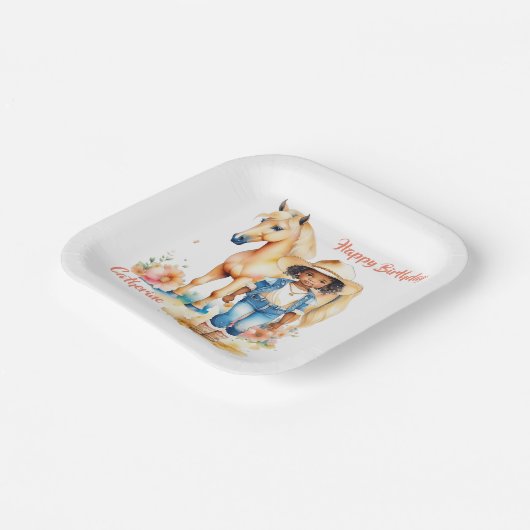 Westerne Cowgirl en Paard Gepersonaliseerde Verjaa Papieren Bordje (Gebogen)
