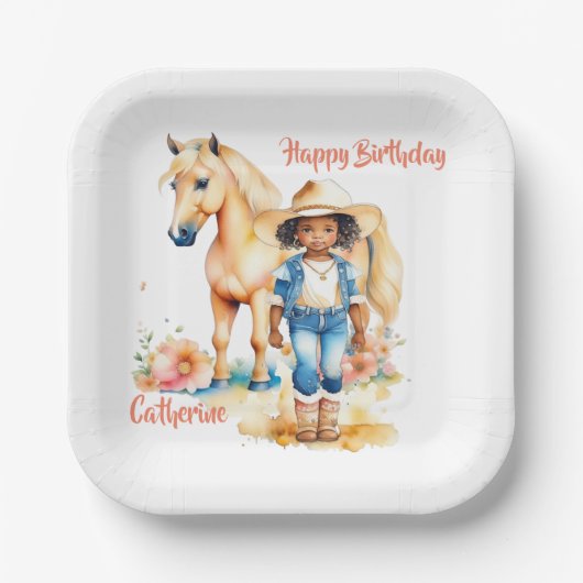 Westerne Cowgirl en Paard Gepersonaliseerde Verjaa Papieren Bordje (Voorkant)