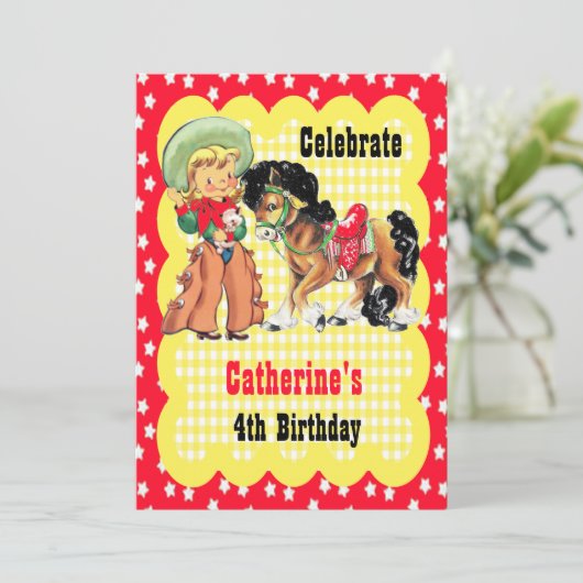 Westerne cowgirl en paard verjaardagsfeestje uitno kaart (Staand voorkant)