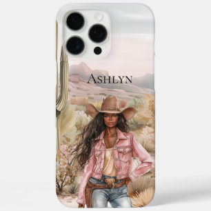 Westerne Cowgirl in roze zwart haar iPhone 16 Pro Max Hoesje