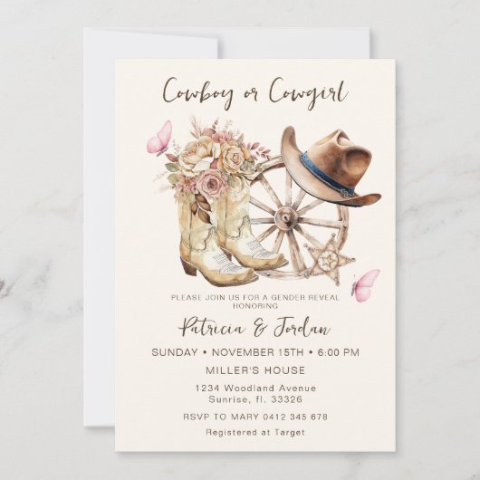 Westerne cowgirl of cowboy geslachtsopenbaring kaart (Voorkant)