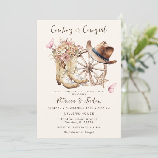 Westerne cowgirl of cowboy geslachtsopenbaring kaart (Staand voorkant)