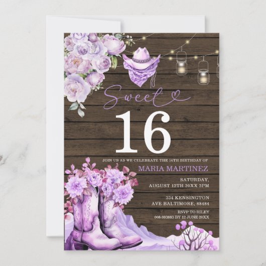 Westerne Cowgirl Paarse Wood Sweet 16 Verjaardag Kaart (Voorkant)