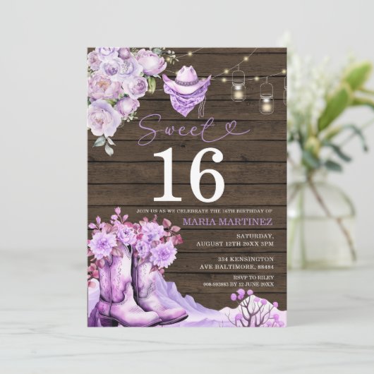 Westerne Cowgirl Paarse Wood Sweet 16 Verjaardag Kaart (Staand voorkant)