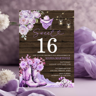 Westerne Cowgirl Paarse Wood Sweet 16 Verjaardag Kaart