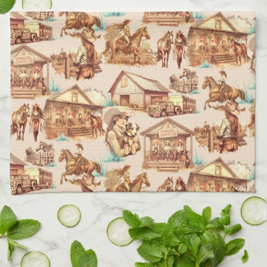 Westerne Cowgirl Ranch Horse Scènes Theedoek (Gevouwen)