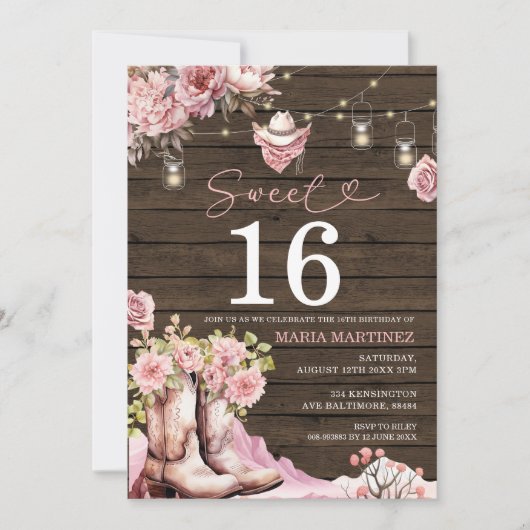 Westerne Cowgirl Roze Bloemen Hout Sweet 16 Verjaa Kaart (Voorkant)