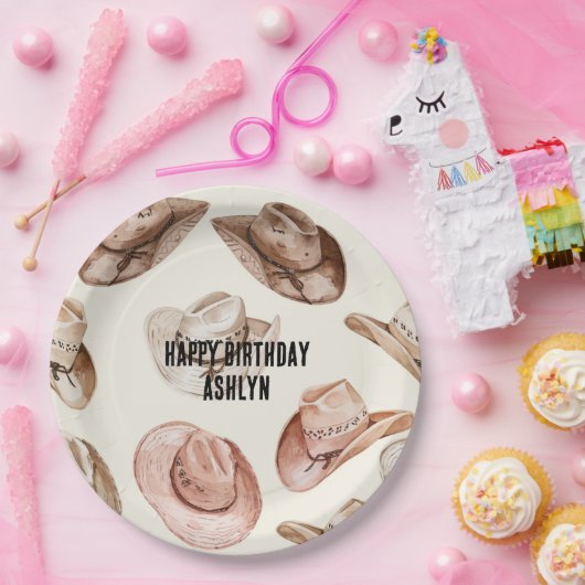 Westerne Cowgirl Roze Bruine Petten Verjaardag Papieren Bordje (Feest)