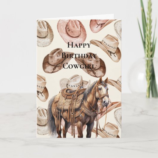 Westerne Cowgirl Roze Crème Petten Paard Verjaarda Kaart (Voorkant)