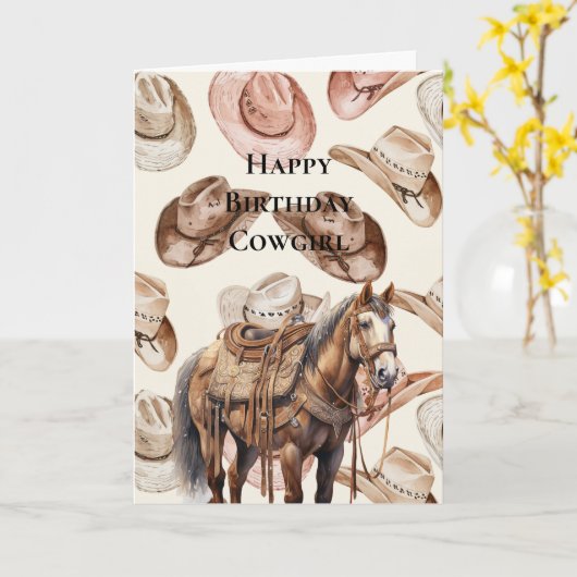 Westerne Cowgirl Roze Crème Petten Paard Verjaarda Kaart (Gele Bloem)
