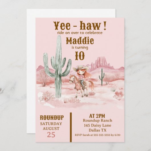 Westerne Cowgirl roze verjaardagsuitnodiging Kaart (Voorkant / Achterkant)