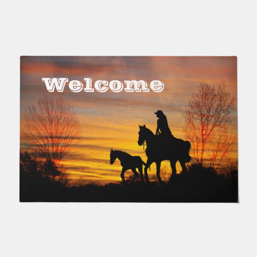 Westerne Cowgirl Sunset Horseback Door Mat (Voorkant)