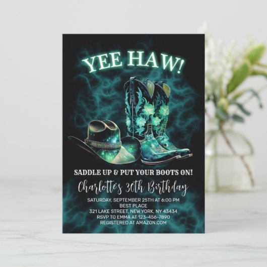 Westerne Cowgirl Verjaardagsfeest Blauwgroen Groen Kaart (Staand voorkant)
