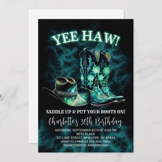 Westerne Cowgirl Verjaardagsfeest Blauwgroen Groen Kaart (Voorkant / Achterkant)