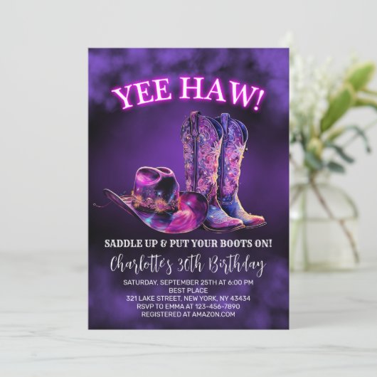 Westerne Cowgirl Verjaardagsfeest Paarse Neon Kaart (Staand voorkant)