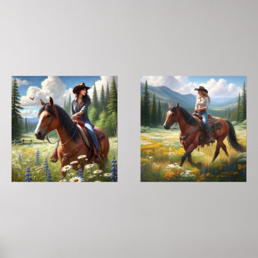 Westerne Decor Cowgirls Rijden Paard Print Set (Voorkant)