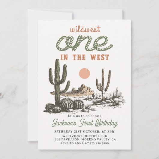 Westerne Desert Cowboy eerste verjaardagsuitnodigi Kaart (Voorkant)