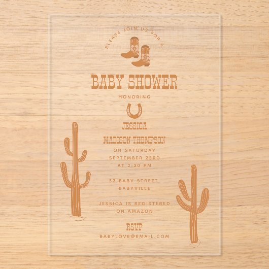 Westerne Earth Tone Country Baby-laarzen Douche Acryl Uitnodigingen (Voorkant)