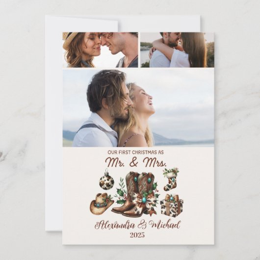 Westerne eerste kerst als mevrouw en meneer 3 Foto Feestdagenkaart (Voorkant)