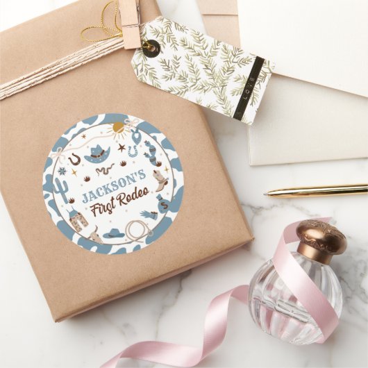 Westerne eerste Rodeo Boy 1st Birthday Blue Ronde Sticker (Geschenken)