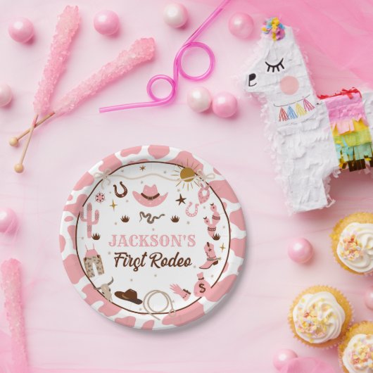Westerne eerste Rodeo meisje 1e verjaardag roze Papieren Bordje (Feest)