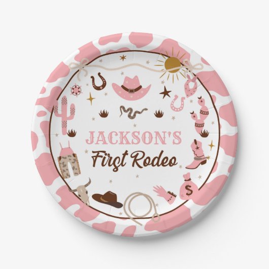 Westerne eerste Rodeo meisje 1e verjaardag roze Papieren Bordje (Voorkant)