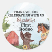 Westerne eerste Rodeo paardenstal 1e verjaardagsfe Ronde Sticker (Voorkant)