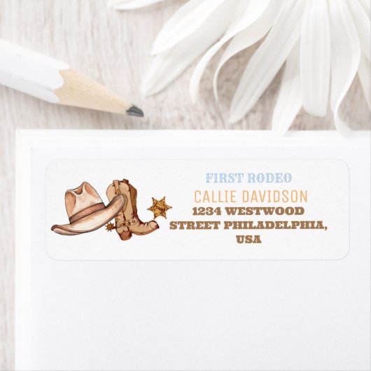 Westerne eerste Rodeo verjaardagsfeestje jongen Etiket (Insitu)