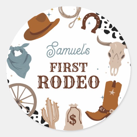 Westerne eerste rodeo wild west boy eerste verjaar ronde sticker (Voorkant)
