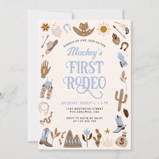 Westerne eerste Rodeo Wild West Cowboy Blue Verjaa Kaart (Voorkant)