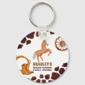 Westerne eerste rodeo zadelen op paardenverjaardag sleutelhanger (Achterkant)