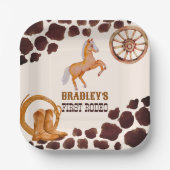 Westerne eerste rodeo zadels op paardenverjaardag papieren bordje (Voorkant)