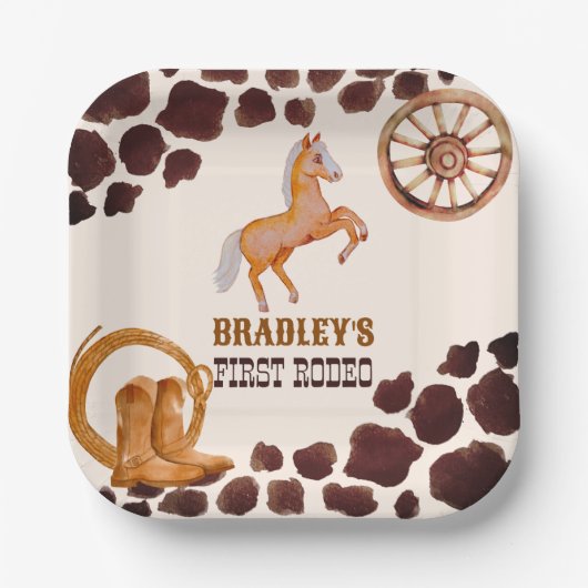 Westerne eerste rodeo zadels op paardenverjaardag papieren bordje (Voorkant)